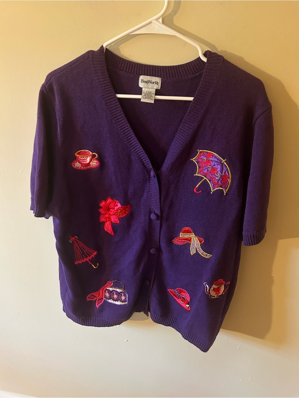 Vintage BonWorth Red Hats Society Short-Sleeve Cardigan Sweater